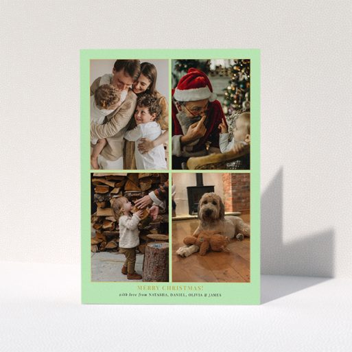 Personalised Christmas Card Design - "Golden Green Christmas " A personalised christmas card design called "Golden Green Christmas ". It is an A5 card in a portrait orientation. It is a photographic personalised christmas card with room for 4 photos. "Golden Green Christmas " is available as a folded card, with tones of green and gold.