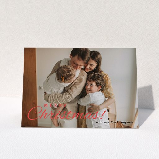 Personalised Christmas Card Design - "Merry Christmas Photo" A personalised christmas card design called "Merry Christmas Photo". It is an A5 card in a landscape orientation. It is a photographic personalised christmas card with room for 1 photo. "Merry Christmas Photo" is available as a folded card, with tones of white and red.