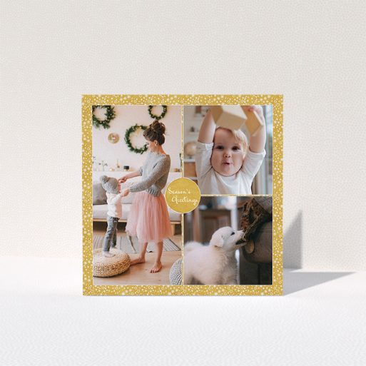 Personalised Christmas Card Design - "Sparkling Gold" A personalised christmas card design titled "Sparkling Gold". It is a square (148mm x 148mm) card in a square orientation. It is a photographic personalised christmas card with room for 3 photos. "Sparkling Gold" is available as a folded card, with tones of gold and white.