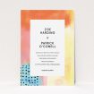 A personalised wedding invitation design titled "Abstract Colours". It is an A6 invite in a portrait orientation. "Abstract Colours" is available as a flat invite, with tones of orange, red and yellow.