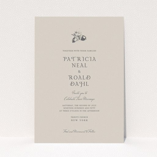 Personalised Wedding Invitation Design - "Acorn stamp" A personalised wedding invitation template titled "Acorn stamp". It is an A5 invite in a portrait orientation. "Acorn stamp" is available as a flat invite, with mainly dark cream colouring.