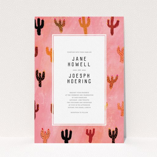 Personalised Wedding Invitation Design - "Albuquerque" A personalised wedding invitation design titled "Albuquerque". It is an A5 invite in a portrait orientation. "Albuquerque" is available as a flat invite, with tones of pink and orange.