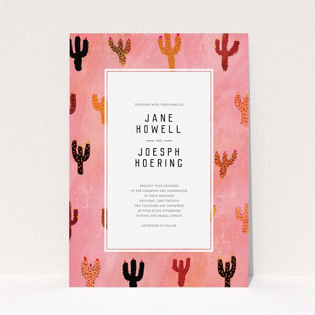 A personalised wedding invitation design titled "Albuquerque". It is an A5 invite in a portrait orientation. "Albuquerque" is available as a flat invite, with tones of pink and orange.