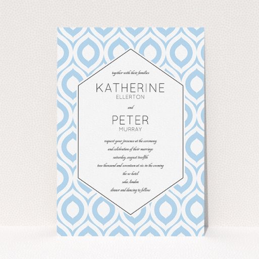 Personalised Wedding Invitation Design - "Arabian diamonds" A personalised wedding invitation design named "Arabian diamonds". It is an A5 invite in a portrait orientation. "Arabian diamonds" is available as a flat invite, with tones of blue and white.