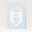 A personalised wedding invitation design named "Arabian diamonds". It is an A5 invite in a portrait orientation. "Arabian diamonds" is available as a flat invite, with tones of blue and white.
