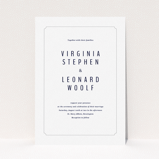 A personalised wedding invitation design titled "Around the corner". It is an A5 invite in a portrait orientation. "Around the corner" is available as a flat invite, with mainly white colouring.