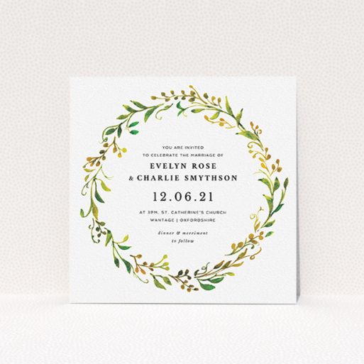 Personalised Wedding Invitation Design - "Autumn Floral Round" A personalised wedding invitation design titled "Autumn Floral Round". It is a square (148mm x 148mm) invite in a square orientation. "Autumn Floral Round" is available as a flat invite, with tones of green, orange and yellow.
