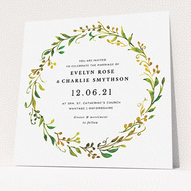 A personalised wedding invitation design titled "Autumn Floral Round". It is a square (148mm x 148mm) invite in a square orientation. "Autumn Floral Round" is available as a flat invite, with tones of green, orange and yellow.