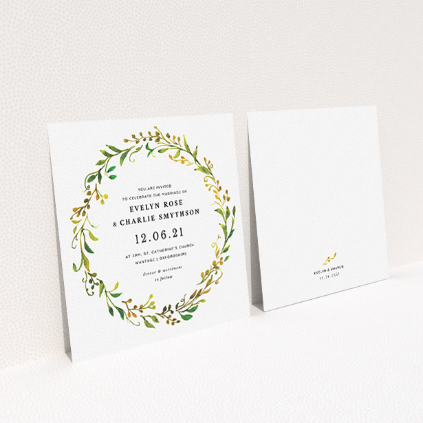A personalised wedding invitation design titled "Autumn Floral Round". It is a square (148mm x 148mm) invite in a square orientation. "Autumn Floral Round" is available as a flat invite, with tones of green, orange and yellow.