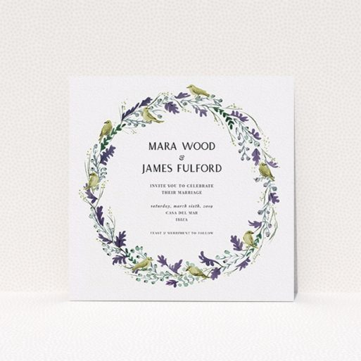 Personalised Wedding Invitation Design - "Birdsong" A personalised wedding invitation design named "Birdsong". It is a square (148mm x 148mm) invite in a square orientation. "Birdsong" is available as a flat invite, with tones of off-white and dark green.