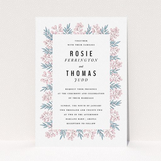 Personalised Wedding Invitation Design - "Blossom and Long Leaves" A personalised wedding invitation named "Blossom and Long Leaves". It is an A5 invite in a portrait orientation. "Blossom and Long Leaves" is available as a flat invite, with tones of blue and pink.