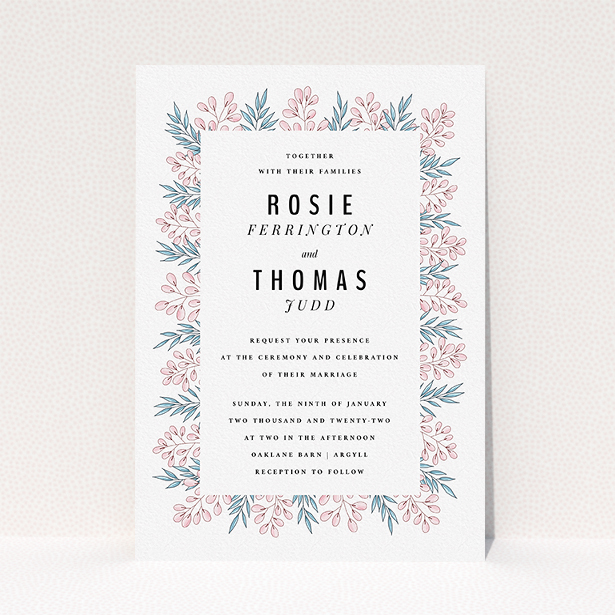 A personalised wedding invitation named "Blossom and Long Leaves". It is an A5 invite in a portrait orientation. "Blossom and Long Leaves" is available as a flat invite, with tones of blue and pink.