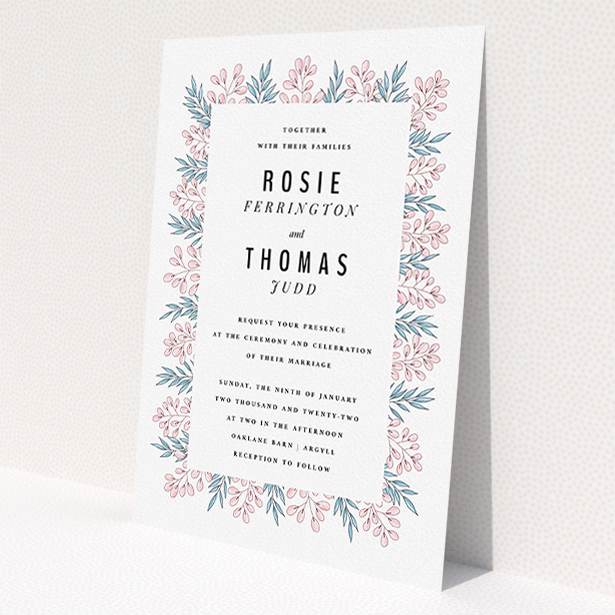 A personalised wedding invitation named "Blossom and Long Leaves". It is an A5 invite in a portrait orientation. "Blossom and Long Leaves" is available as a flat invite, with tones of blue and pink.