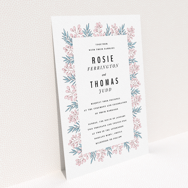 A personalised wedding invitation named "Blossom and Long Leaves". It is an A5 invite in a portrait orientation. "Blossom and Long Leaves" is available as a flat invite, with tones of blue and pink.