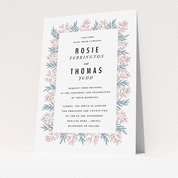 A personalised wedding invitation named "Blossom and Long Leaves". It is an A5 invite in a portrait orientation. "Blossom and Long Leaves" is available as a flat invite, with tones of blue and pink.