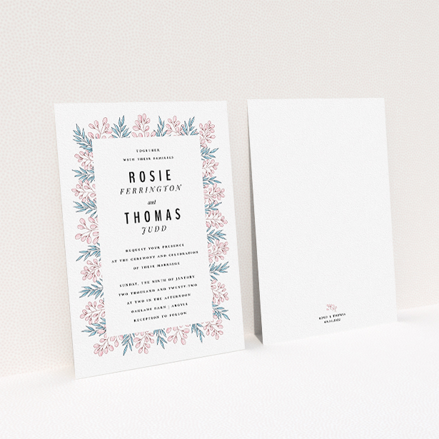 A personalised wedding invitation named "Blossom and Long Leaves". It is an A5 invite in a portrait orientation. "Blossom and Long Leaves" is available as a flat invite, with tones of blue and pink.
