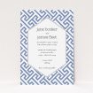 A personalised wedding invitation design titled "Blue and white maze". It is an A5 invite in a portrait orientation. "Blue and white maze" is available as a flat invite, with tones of blue and white.