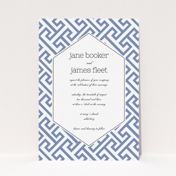A personalised wedding invitation design titled "Blue and white maze". It is an A5 invite in a portrait orientation. "Blue and white maze" is available as a flat invite, with tones of blue and white.