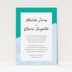 A personalised wedding invitation called "Blue Edge". It is an A5 invite in a portrait orientation. "Blue Edge" is available as a flat invite, with tones of blue and green.