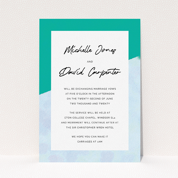 A personalised wedding invitation called "Blue Edge". It is an A5 invite in a portrait orientation. "Blue Edge" is available as a flat invite, with tones of blue and green.
