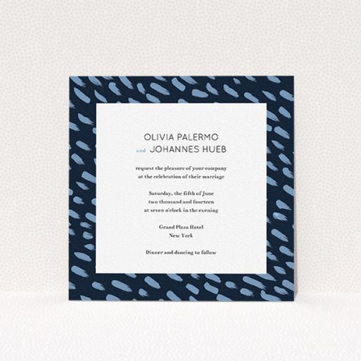 Personalised Wedding Invitation Design - "Blue strokes" A personalised wedding invitation design named "Blue strokes". It is a square (148mm x 148mm) invite in a square orientation. "Blue strokes" is available as a flat invite, with tones of blue and white.