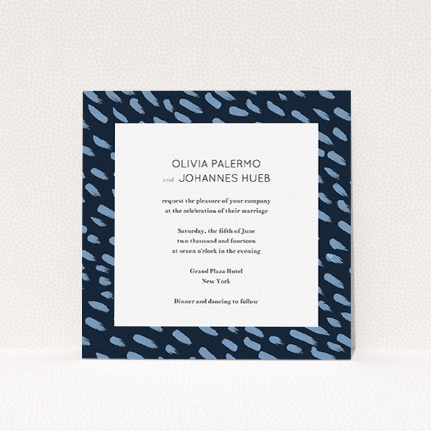 A personalised wedding invitation design named "Blue strokes". It is a square (148mm x 148mm) invite in a square orientation. "Blue strokes" is available as a flat invite, with tones of blue and white.