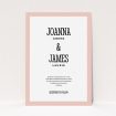 A personalised wedding invitation design called "Bold border". It is an A5 invite in a portrait orientation. "Bold border" is available as a flat invite, with tones of pink and white.