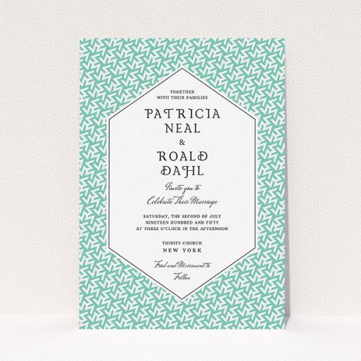Personalised Wedding Invitation Design - "Born in the 80s" A personalised wedding invitation named "Born in the 80s". It is an A5 invite in a portrait orientation. "Born in the 80s" is available as a flat invite, with tones of green and white.