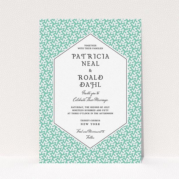 A personalised wedding invitation named "Born in the 80s". It is an A5 invite in a portrait orientation. "Born in the 80s" is available as a flat invite, with tones of green and white.