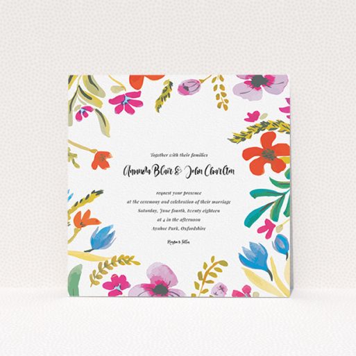 Personalised Wedding Invitation Design - "Botanical Pop" A personalised wedding invitation called "Botanical Pop". It is a square (148mm x 148mm) invite in a square orientation. "Botanical Pop" is available as a flat invite, with tones of white and red.