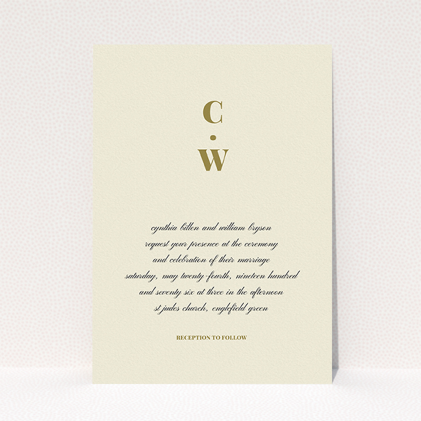 A personalised wedding invitation design called "Bullet point". It is an A5 invite in a portrait orientation. "Bullet point" is available as a flat invite, with tones of cream and gold.