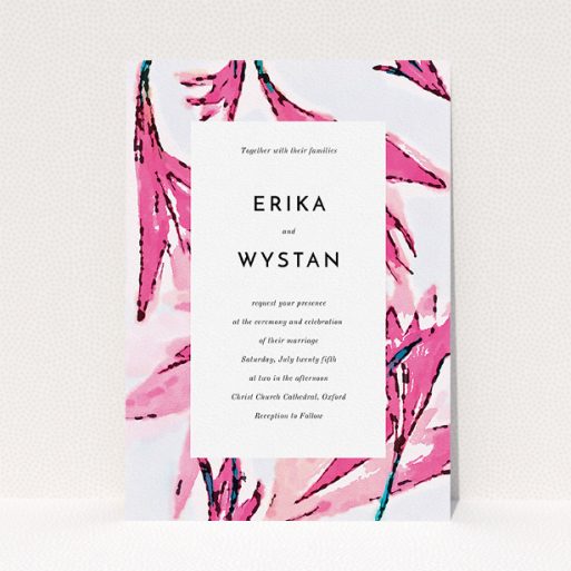 Personalised Wedding Invitation Design - "By the river bank" A personalised wedding invitation named "By the river bank". It is an A5 invite in a portrait orientation. "By the river bank" is available as a flat invite, with tones of vibrant pink and green.