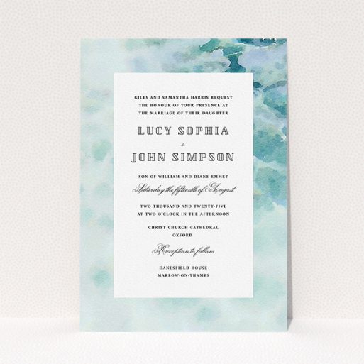 Personalised Wedding Invitation Design - "Calm Waters" A personalised wedding invitation design named "Calm Waters". It is an A5 invite in a portrait orientation. "Calm Waters" is available as a flat invite, with tones of blue and white.