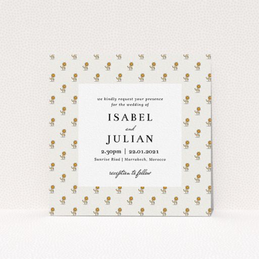 Personalised Wedding Invitation Design - "Camels" A personalised wedding invitation design named "Camels". It is a square (148mm x 148mm) invite in a square orientation. "Camels" is available as a flat invite, with tones of cream, orange and pale brown.