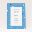 A personalised wedding invitation design called "Capri". It is an A5 invite in a portrait orientation. "Capri" is available as a flat invite, with tones of light blue and orange.