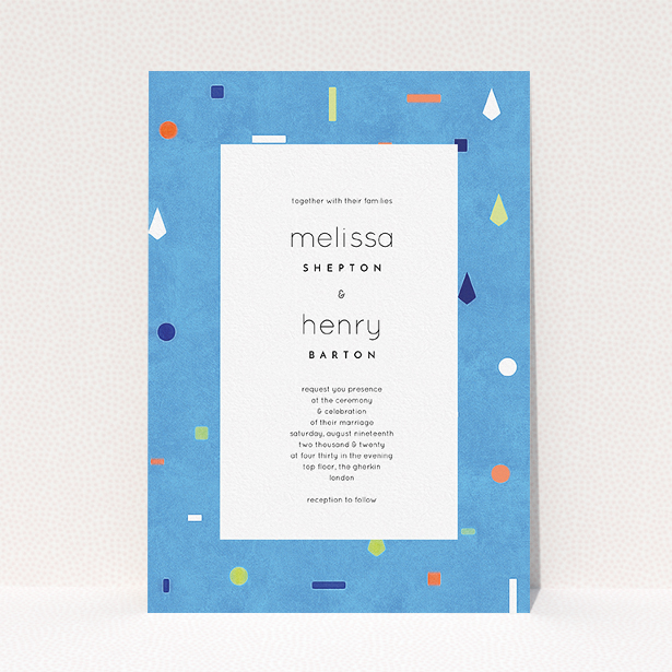 A personalised wedding invitation design called "Capri". It is an A5 invite in a portrait orientation. "Capri" is available as a flat invite, with tones of light blue and orange.