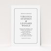 A personalised wedding invitation design named "Classic face". It is an A5 invite in a portrait orientation. "Classic face" is available as a flat invite, with mainly white colouring.