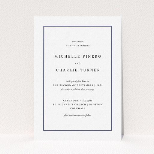 Personalised Wedding Invitation Design - "Classic Frame" A personalised wedding invitation design called "Classic Frame". It is an A5 invite in a portrait orientation. "Classic Frame" is available as a flat invite, with mainly white colouring.