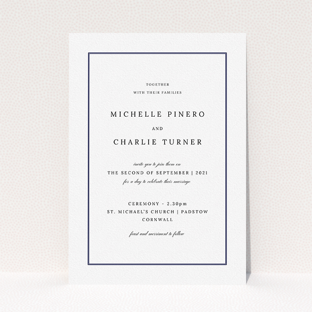 A personalised wedding invitation design called "Classic Frame". It is an A5 invite in a portrait orientation. "Classic Frame" is available as a flat invite, with mainly white colouring.