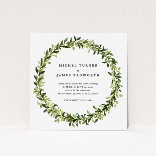Personalised Wedding Invitation Design - "Classic Green Wreath" A personalised wedding invitation called "Classic Green Wreath". It is a square (148mm x 148mm) invite in a square orientation. "Classic Green Wreath" is available as a flat invite, with tones of light green and dark green.