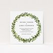 A personalised wedding invitation called "Classic Green Wreath". It is a square (148mm x 148mm) invite in a square orientation. "Classic Green Wreath" is available as a flat invite, with tones of light green and dark green.