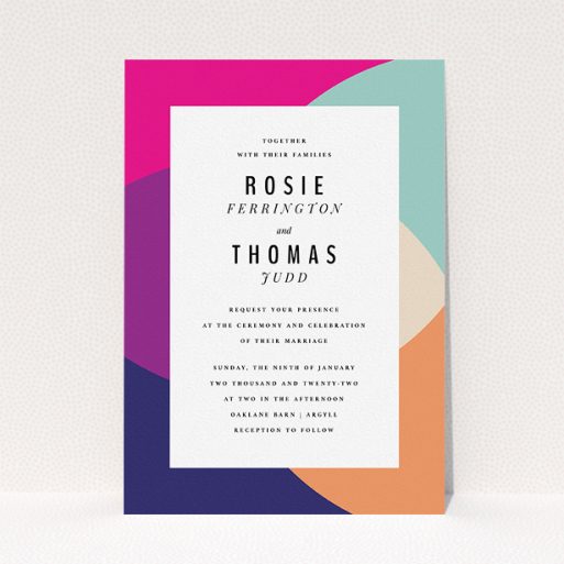 Personalised Wedding Invitation Design - "Concentric" A personalised wedding invitation design titled "Concentric". It is an A5 invite in a portrait orientation. "Concentric" is available as a flat invite, with tones of white and pink.