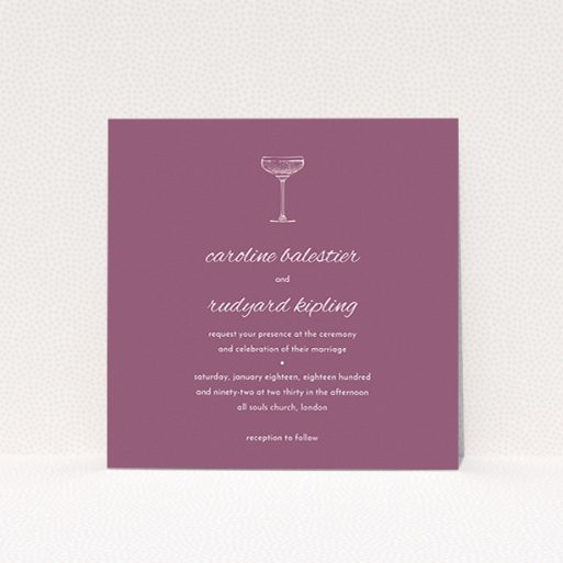 Personalised Wedding Invitation Design - "Coupe" A personalised wedding invitation design named "Coupe". It is a square (148mm x 148mm) invite in a square orientation. "Coupe" is available as a flat invite, with mainly purple/dark pink colouring.