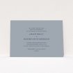 A personalised wedding invitation design named "Dark and Stormy". It is an A5 invite in a landscape orientation. "Dark and Stormy" is available as a flat invite, with tones of dark grey and navy blue.