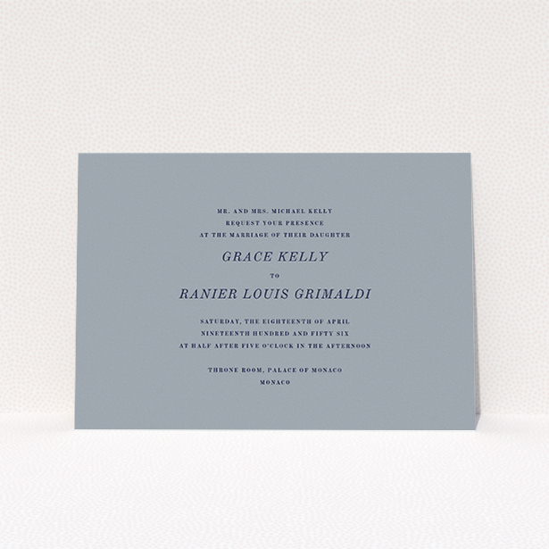 A personalised wedding invitation design named "Dark and Stormy". It is an A5 invite in a landscape orientation. "Dark and Stormy" is available as a flat invite, with tones of dark grey and navy blue.