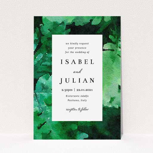 Personalised Wedding Invitation Design - "Dark Jungle" A personalised wedding invitation design called "Dark Jungle". It is an A5 invite in a portrait orientation. "Dark Jungle" is available as a flat invite, with tones of green and white.