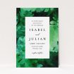 A personalised wedding invitation design called "Dark Jungle". It is an A5 invite in a portrait orientation. "Dark Jungle" is available as a flat invite, with tones of green and white.