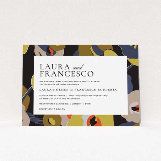 Personalised Wedding Invitation Design - "Deco Blooms" A personalised wedding invitation design called "Deco Blooms". It is an A5 invite in a landscape orientation. "Deco Blooms" is available as a flat invite, with tones of black and dark gold.