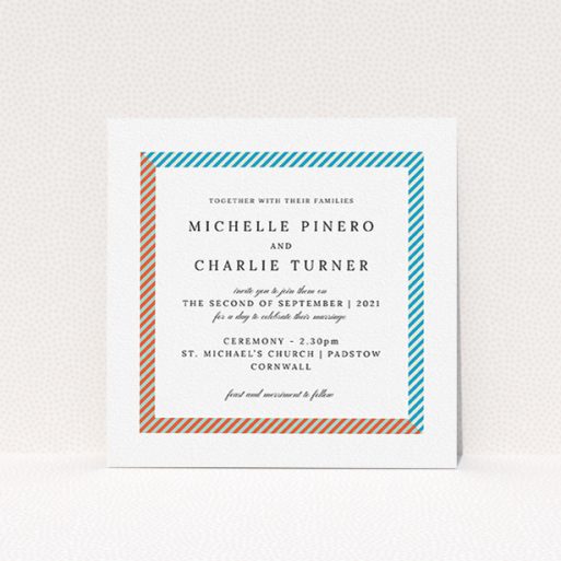 Personalised Wedding Invitation Design - "Diagonal Frame" A personalised wedding invitation called "Diagonal Frame". It is a square (148mm x 148mm) invite in a square orientation. "Diagonal Frame" is available as a flat invite, with tones of white and light blue.