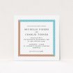 A personalised wedding invitation called "Diagonal Frame". It is a square (148mm x 148mm) invite in a square orientation. "Diagonal Frame" is available as a flat invite, with tones of white and light blue.